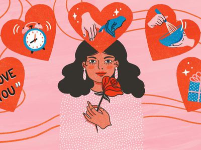 Illustration of woman holding a rose with hearts containing visuals representing the five love languages
