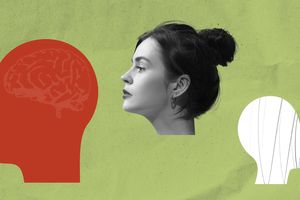 Female head and two head silhouettes symbolizing spectrum of mental health conditions.