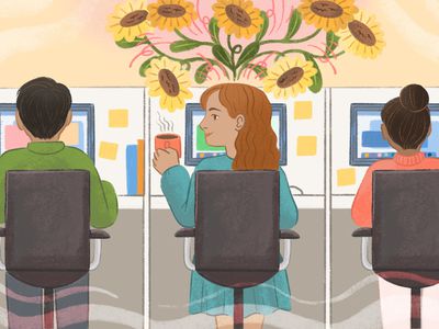 drawing of 3 people sitting at their desks, woman in the middle has flowers growing out of her head