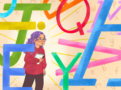 Woman walking through giant letters