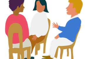 Three people talking in group therapy