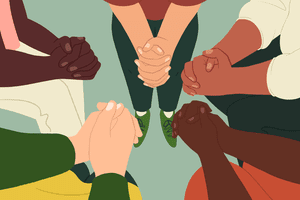 Five pairs of folded hands forming a circle